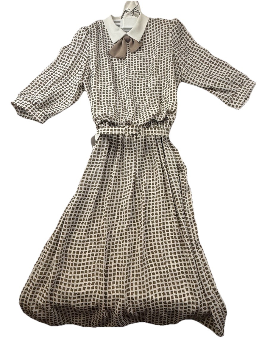 Vtg 70s Brown Geometric Semi Sheer Poly Chiffon Secretary Dress Buckle Belt M/L