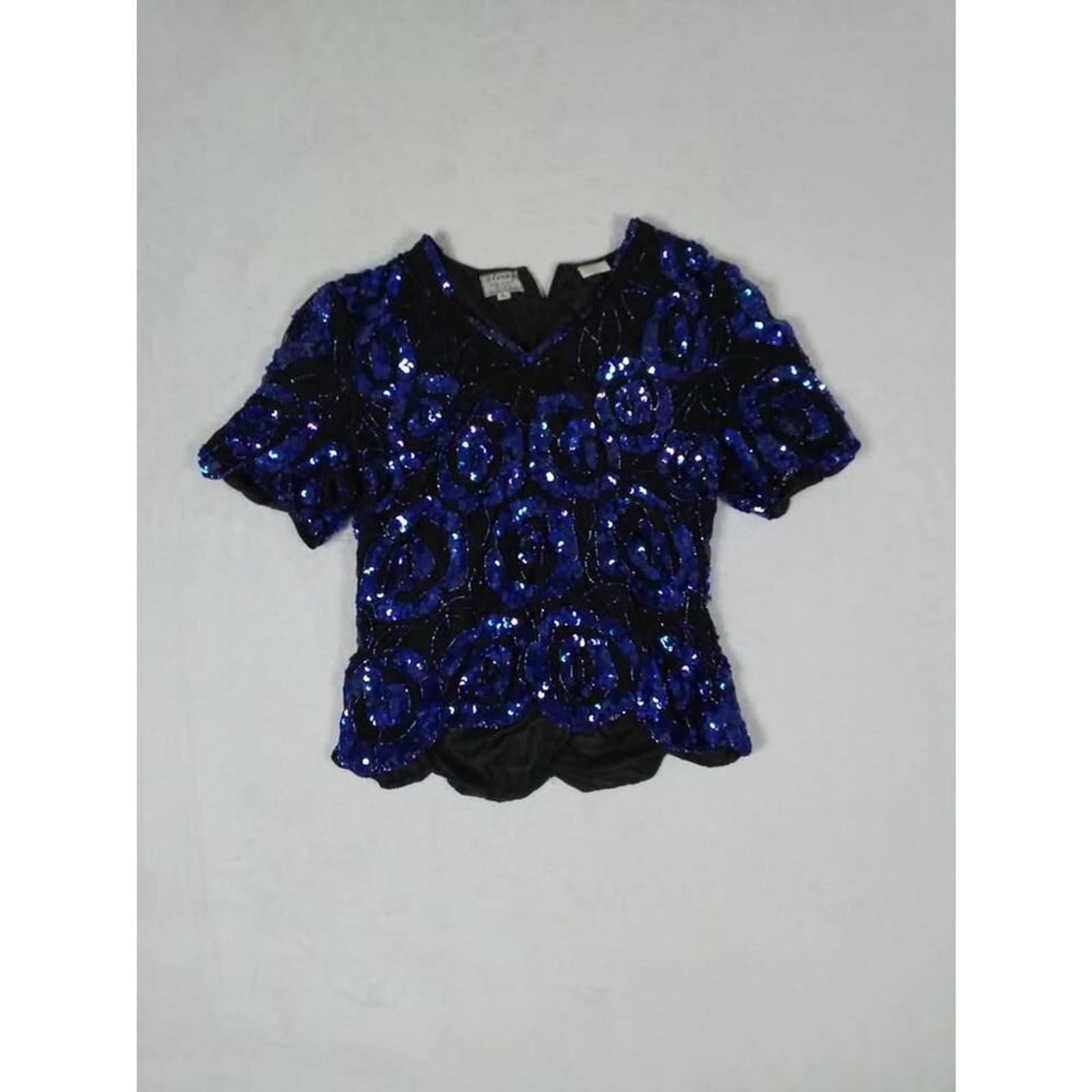 Stenay Vintage Silk Sequin Beaded Evening Top Royal Blue Black Scalloped Hem L