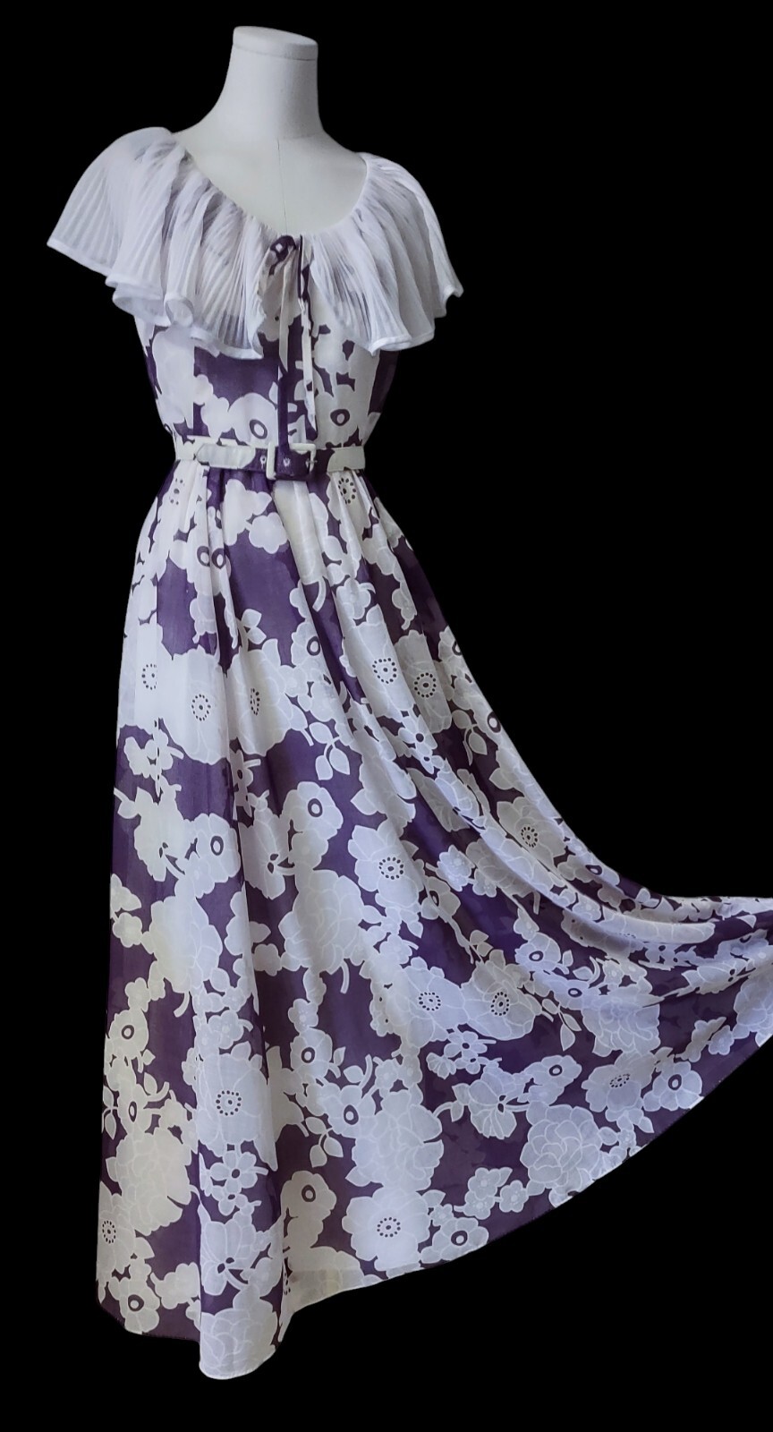 Vintage 60s Miss Elliette CA Purple White Voile Floral Maxi Dress Pleat Collar S