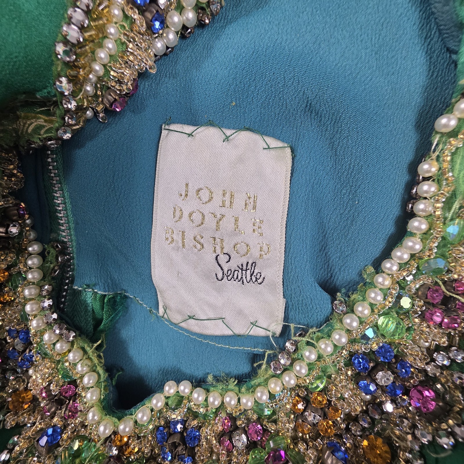 VTG John Doyle Bishop Seattle Beaded Silk Chiffon Gown Green Avant Garde Read