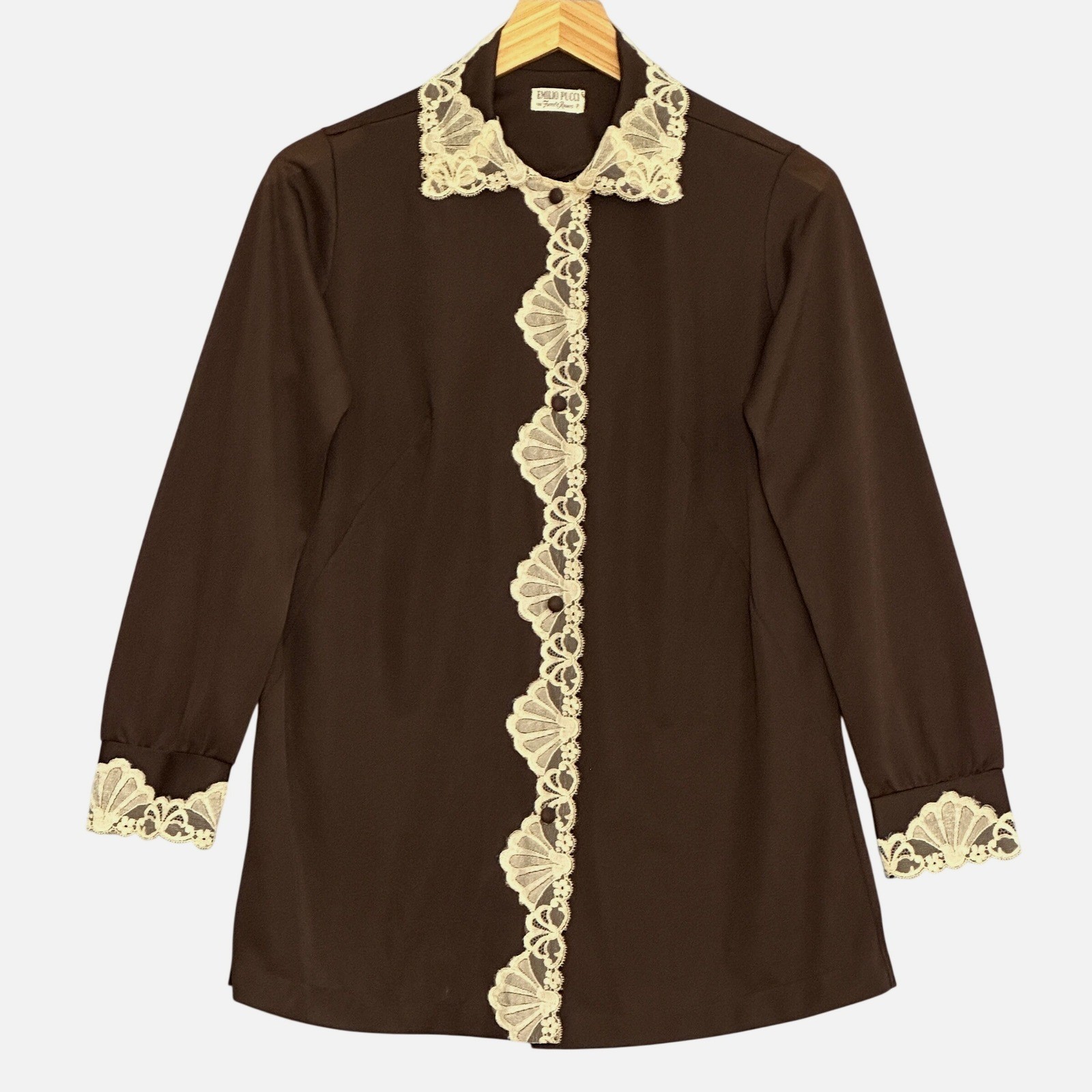 VTG 60s Emilio Pucci Formfit Rogers Womens Top 8 Brown Lace Trim Retro Romantic