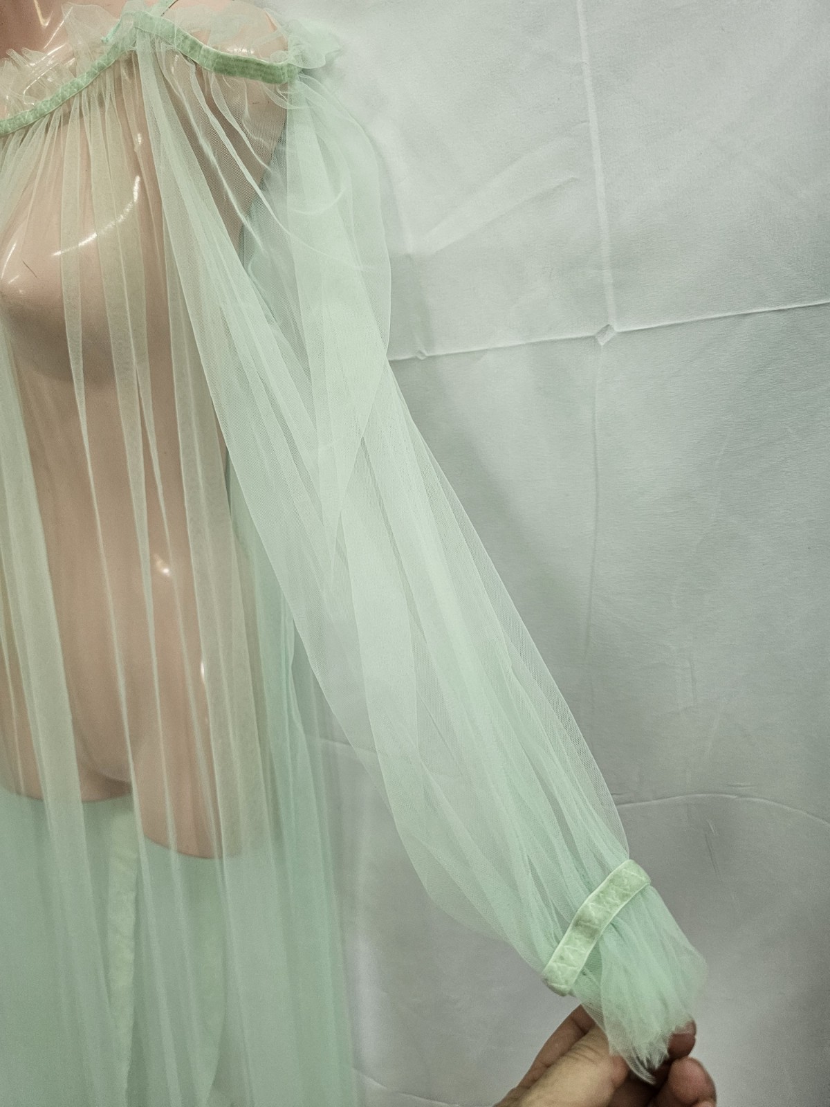 Vintage 1970s Mint Green Sheer Nylon Maxi Nightgown Off-Shoulder Billow Sleeve