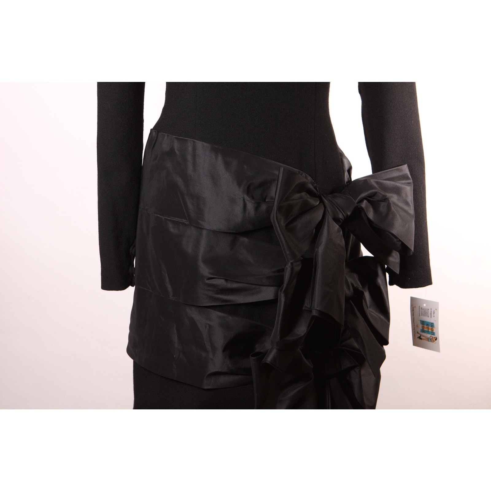 1980s Black Long Sleeve Oversized Bow Formal Cocktail Dress by Bill Blass