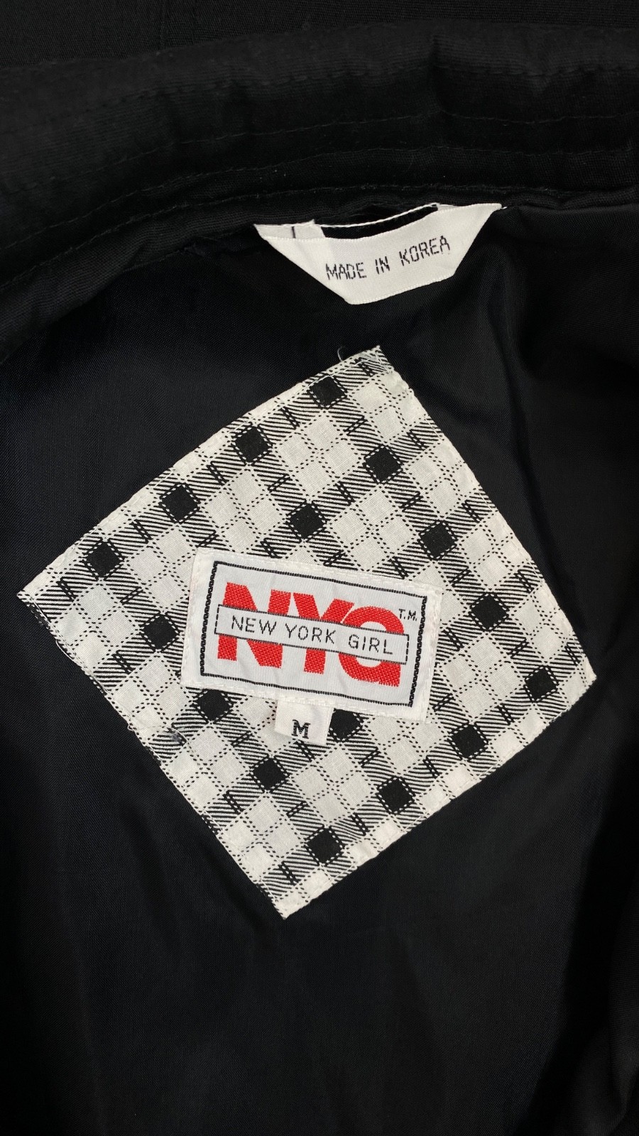 Vintage 1980s black jacket M white plaid NY GIRL shoulder pads cotton blend