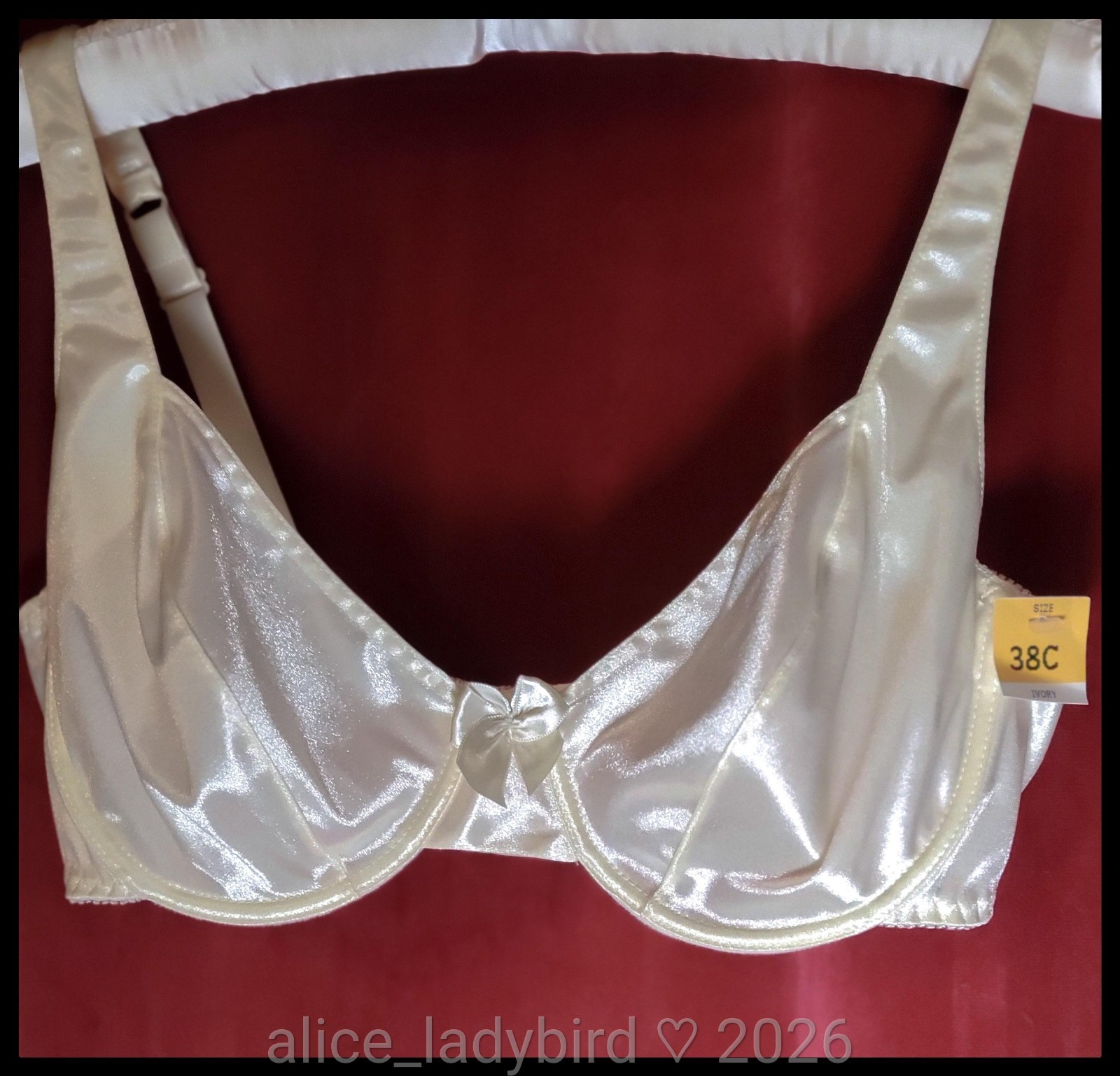 NWT Vintage SATIN Wet-Look BRA Shimmer SHINY Glossy BOW Stretch Underwire ~38C