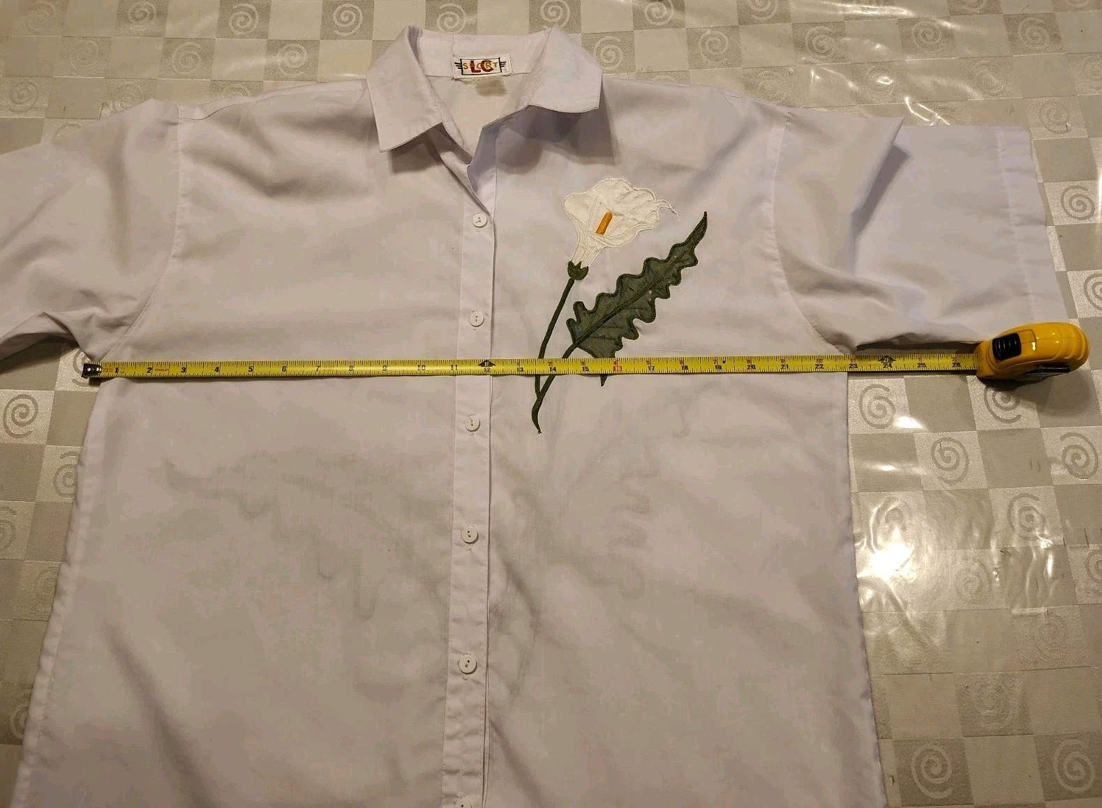 Vtg 80s White Cotton Blouse Short Sleeve Calla Lily Embroidered Shoulder Pads L