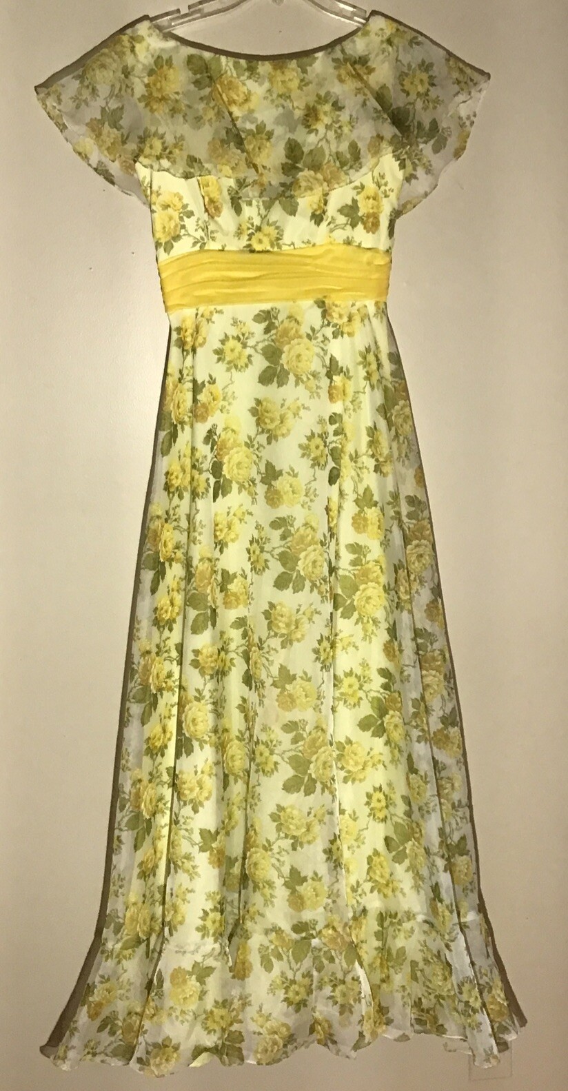 Vintage Sylvia Ann Floral 1970’s Dress Gown Prom Yellow Green Chiffon Size S