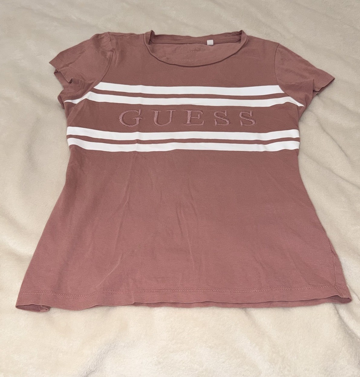 90s Rose Pink White Stripe Embroidered Guess T-shirt Size XS EUC
