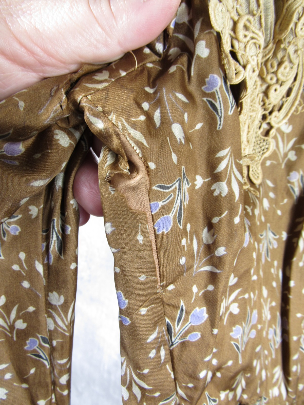 Antique Victorian 1890s Brown & Blue Silk Floral Calico Print Dress Maxi Vintage
