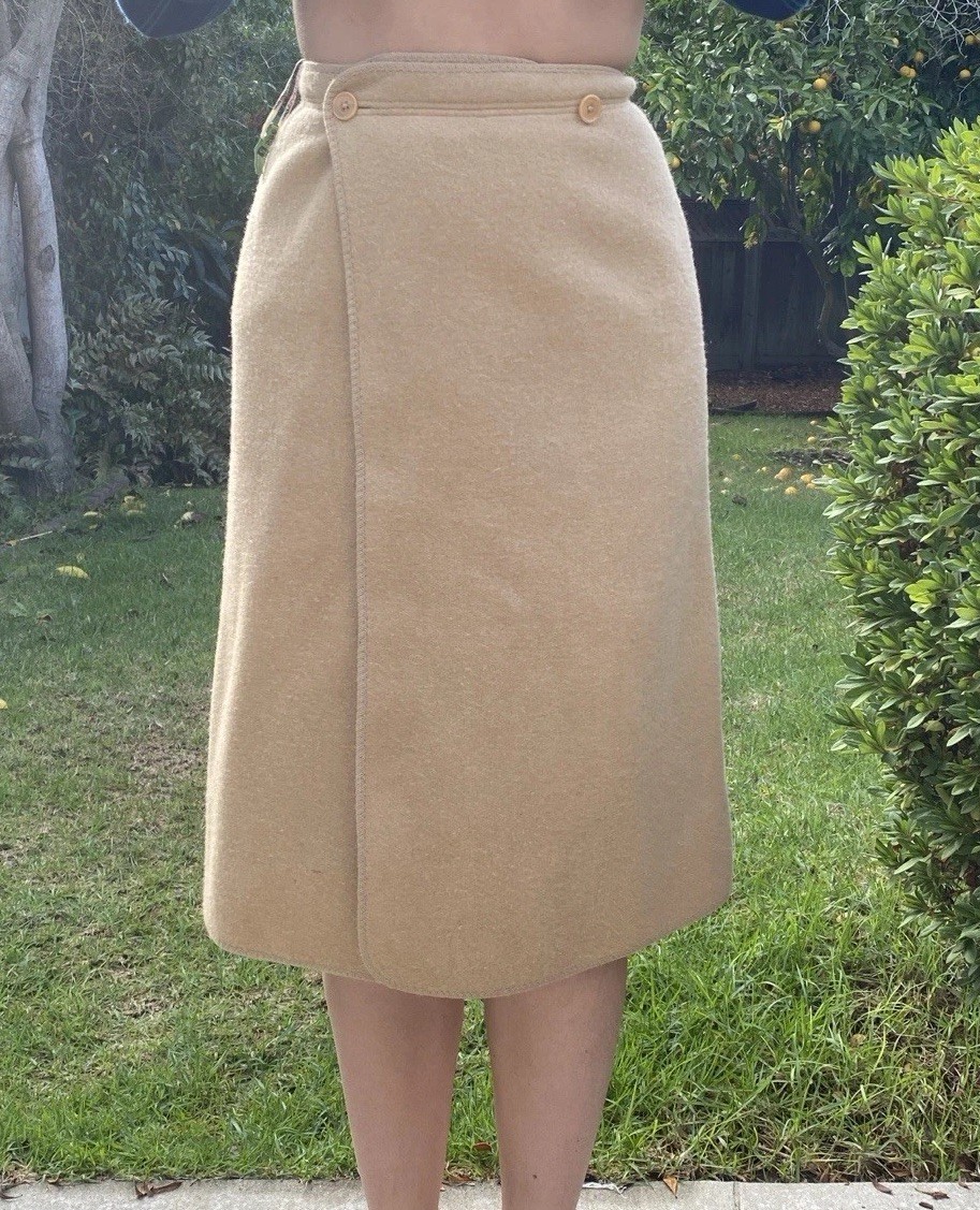 Vintage 60s Wetherall USA S 100% Pure Wool Felt Wrap Skirt Tan England