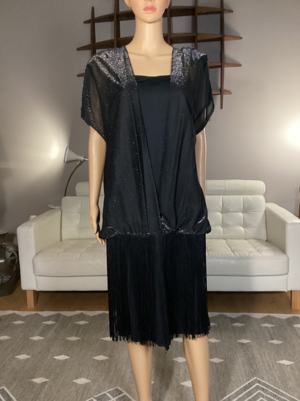 Vintage 80&rsquo;s Barone Black Fringe Metallic Silver Cocktail Party Dress Sz 10