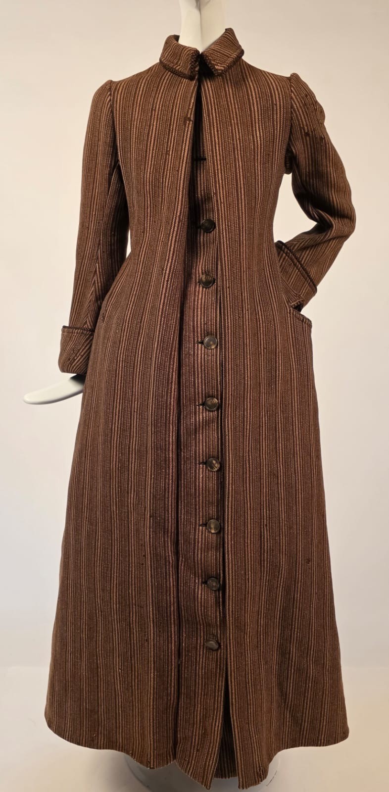 VICTORIAN 1880’S FLANNEL LINED STRIPED WOOL BUSTLE BACK DRESS COAT