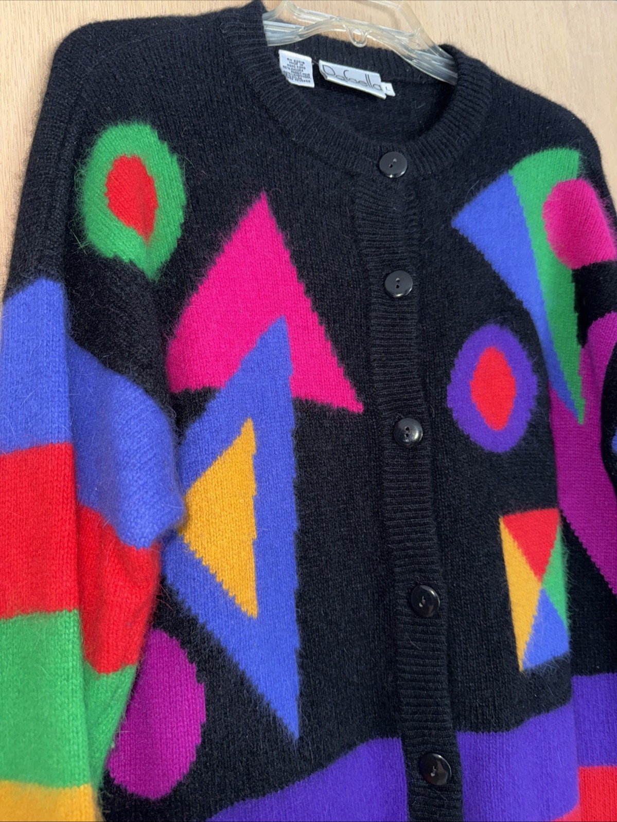Vintage Rafaella Geometric Abstract Rabbit Fur Rare Cardigan Sweater Size L