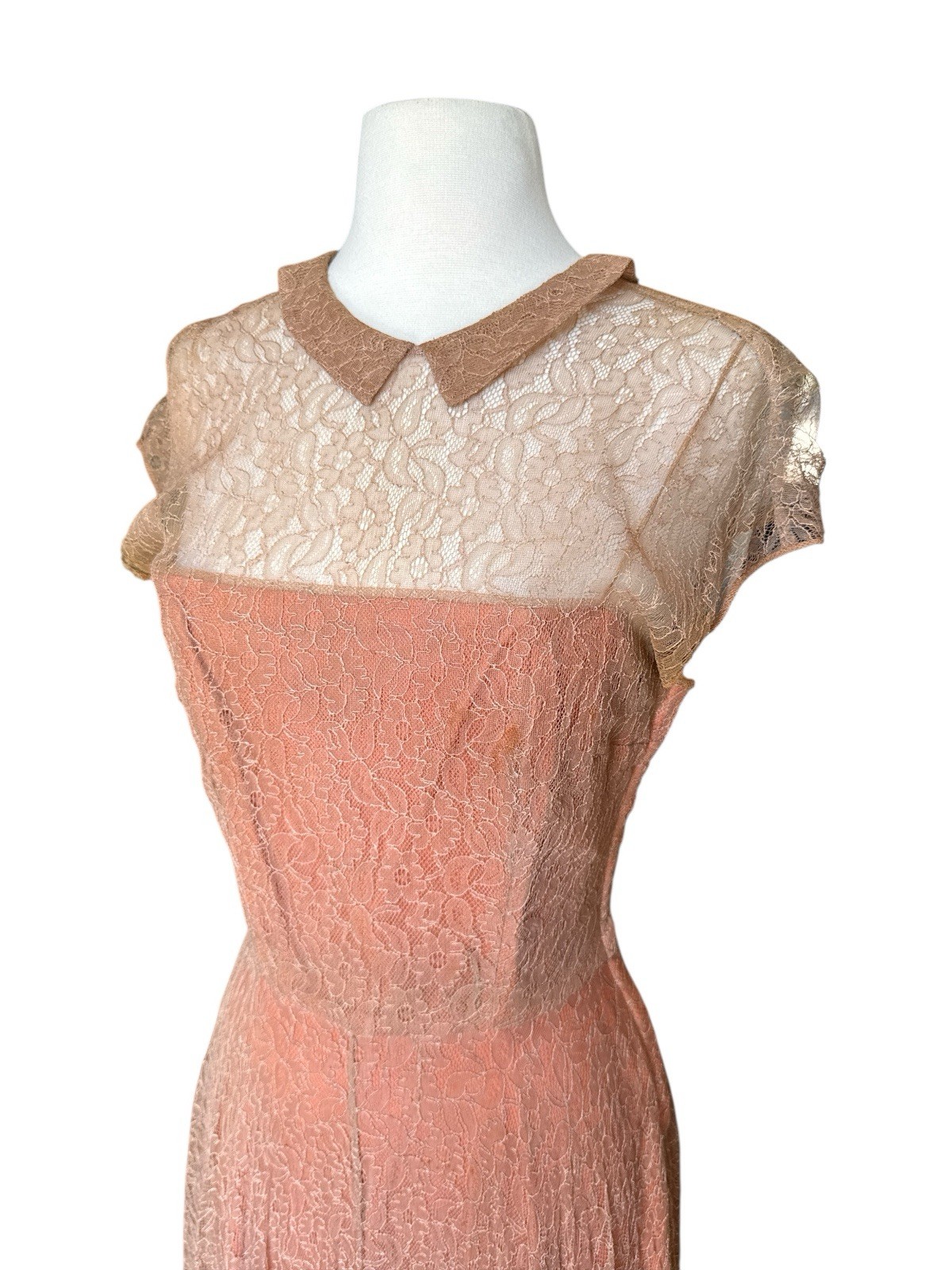 Vintage 40’s Ceil Chapman Lace Gown Peach Brown Copper 24” Waist Midi Sz 4