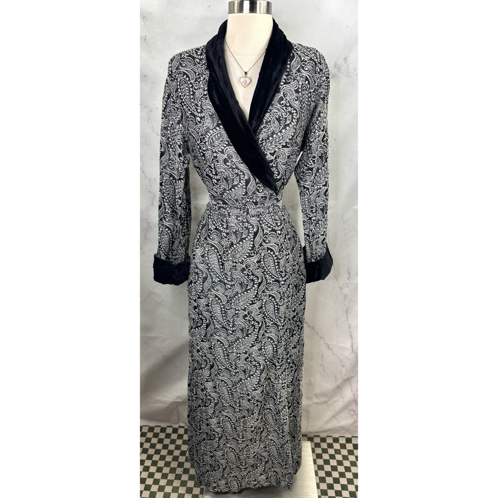 Vtg 70s Gown Robe Dress Silk Paisley Brocade Velvet S Whimsigoth Art Deco Rich