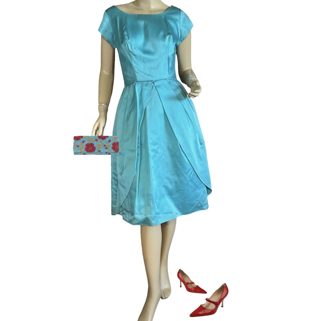 VINTAGE CIRCA 1950&rsquo;S AQUA BLUE SATIN BUBBLE HEM PARTY DRESS SZ APPX SMALL