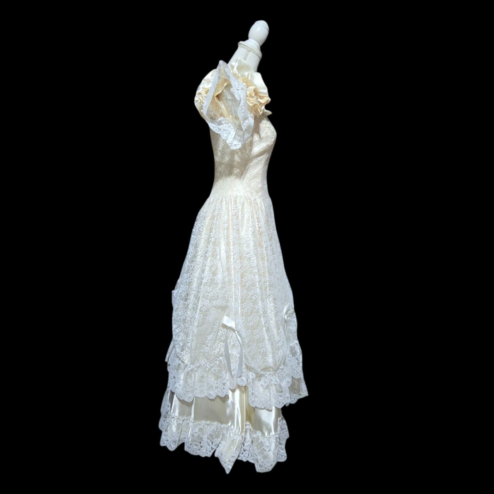 Vtg Flirtations Alfred Angelo Lace Puff Sleeve Wedding Dress Sz 8 Ruffle Satin
