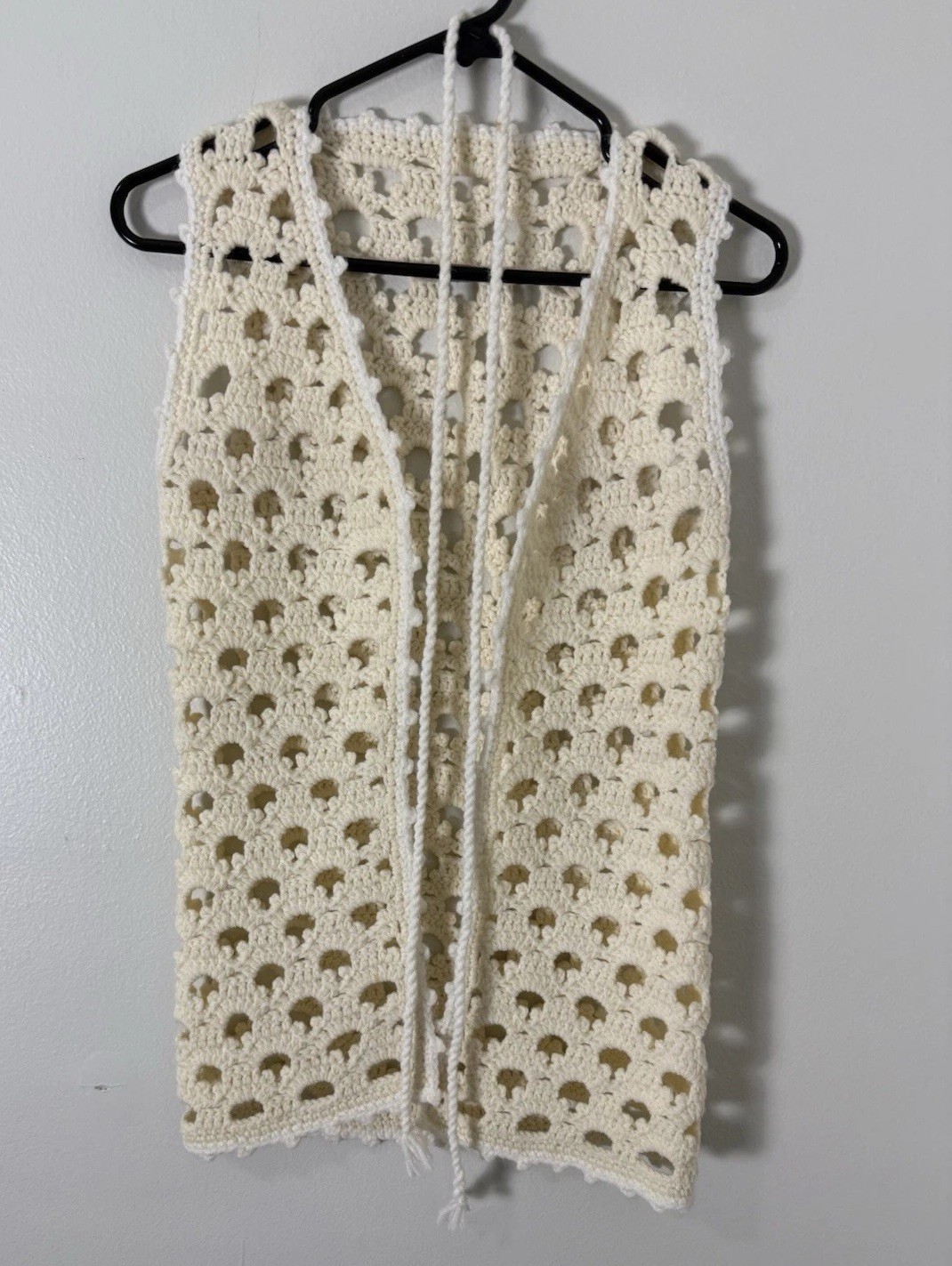 Vintage Cream Crocheted Vest 60s 70s Hippie With Yarn Belt White Trim Small