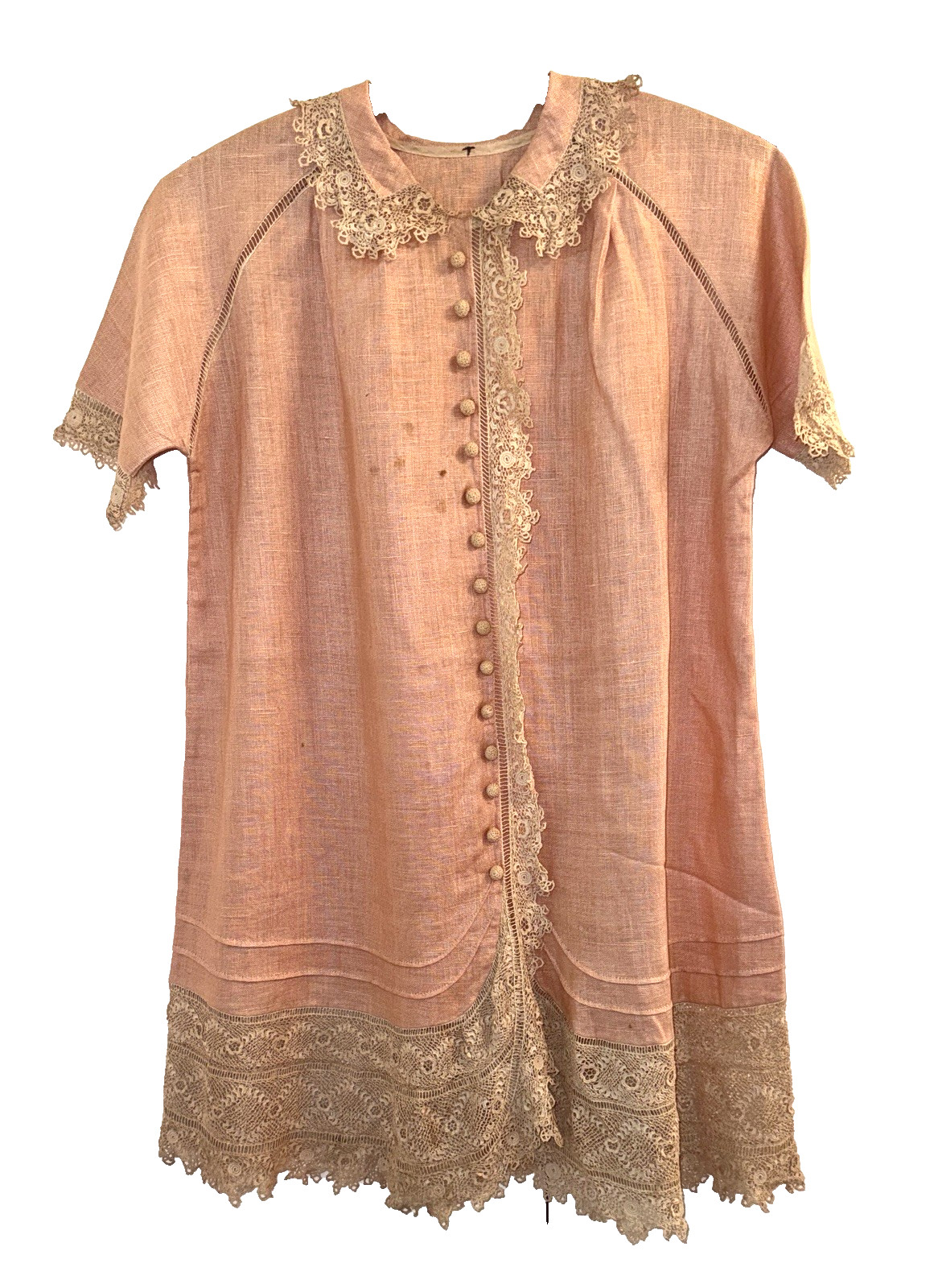 Vtg Antique Peach LINEN + LACE Button-Up Blouse MINI DRESS Robe 29&Prime; Victorian