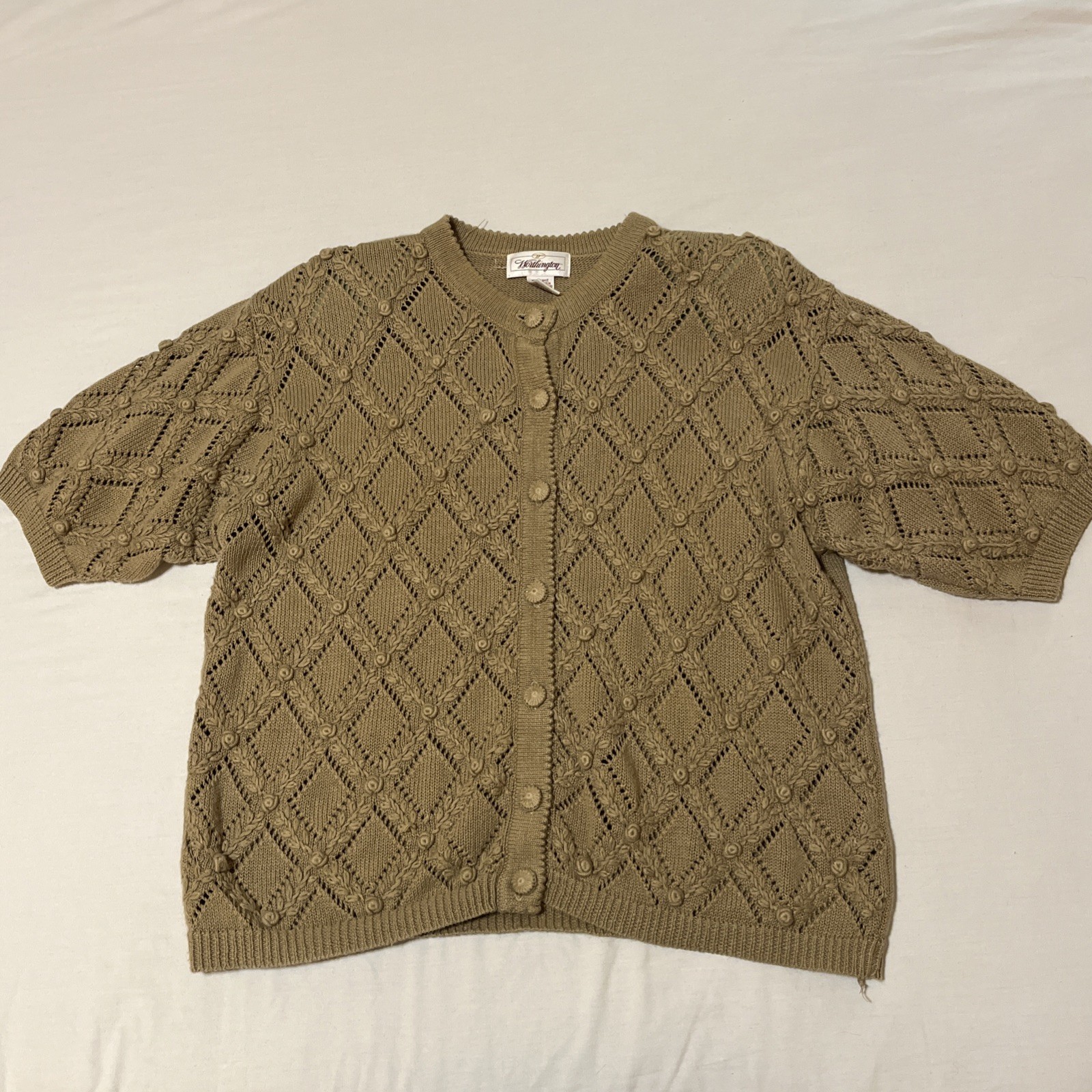 Vintage Worthington Cardigan Womens Large Tan Crochet Knit Cottagecore 90s Y2K