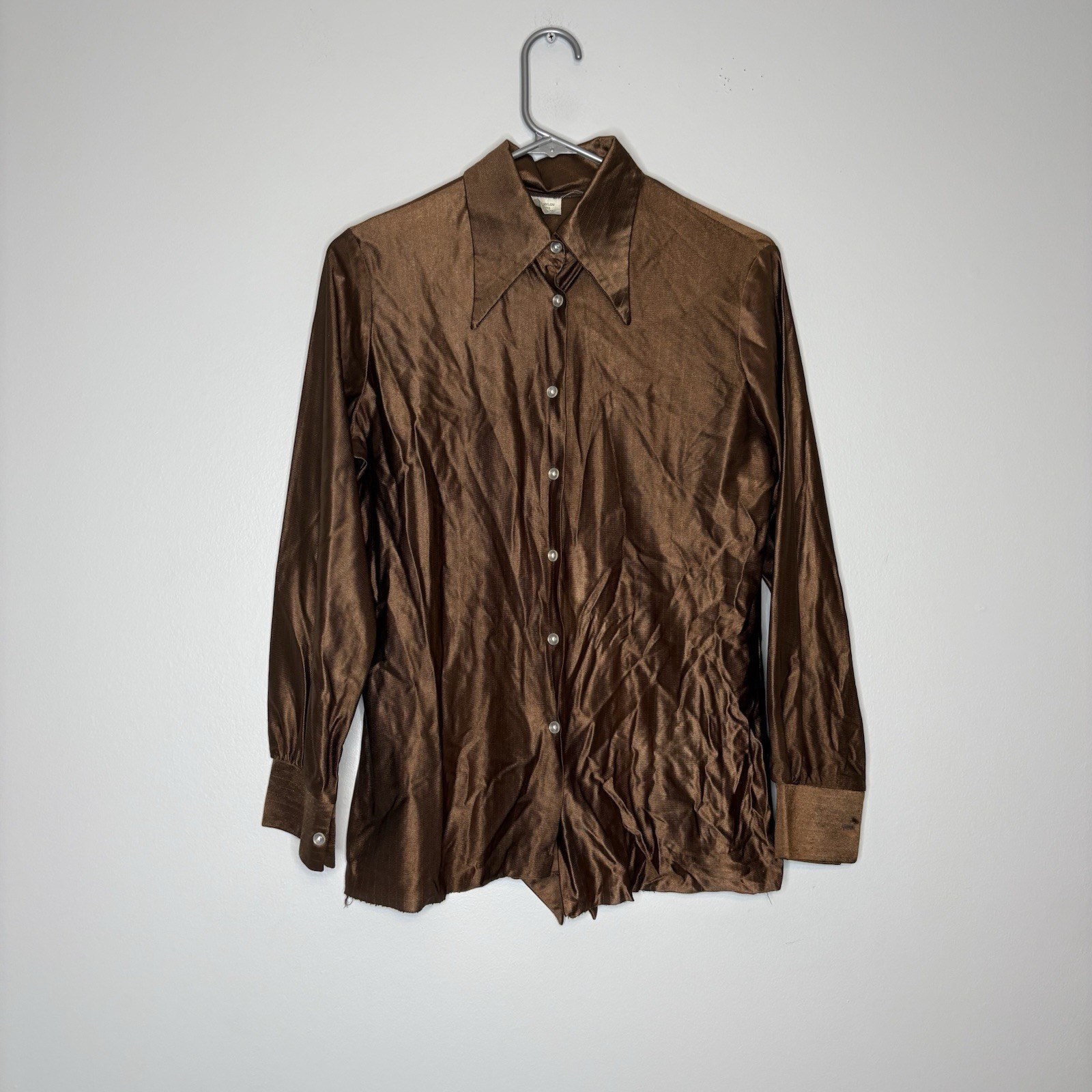 Vintage 70s 80s Copper Enkalure Blouse Womens M Neck Tie Button Retro Silky