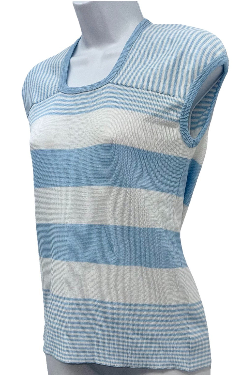 Vintage 70s Joyce Women Size XL Pullover Sleeveless Knit Top Blue/White Stripes