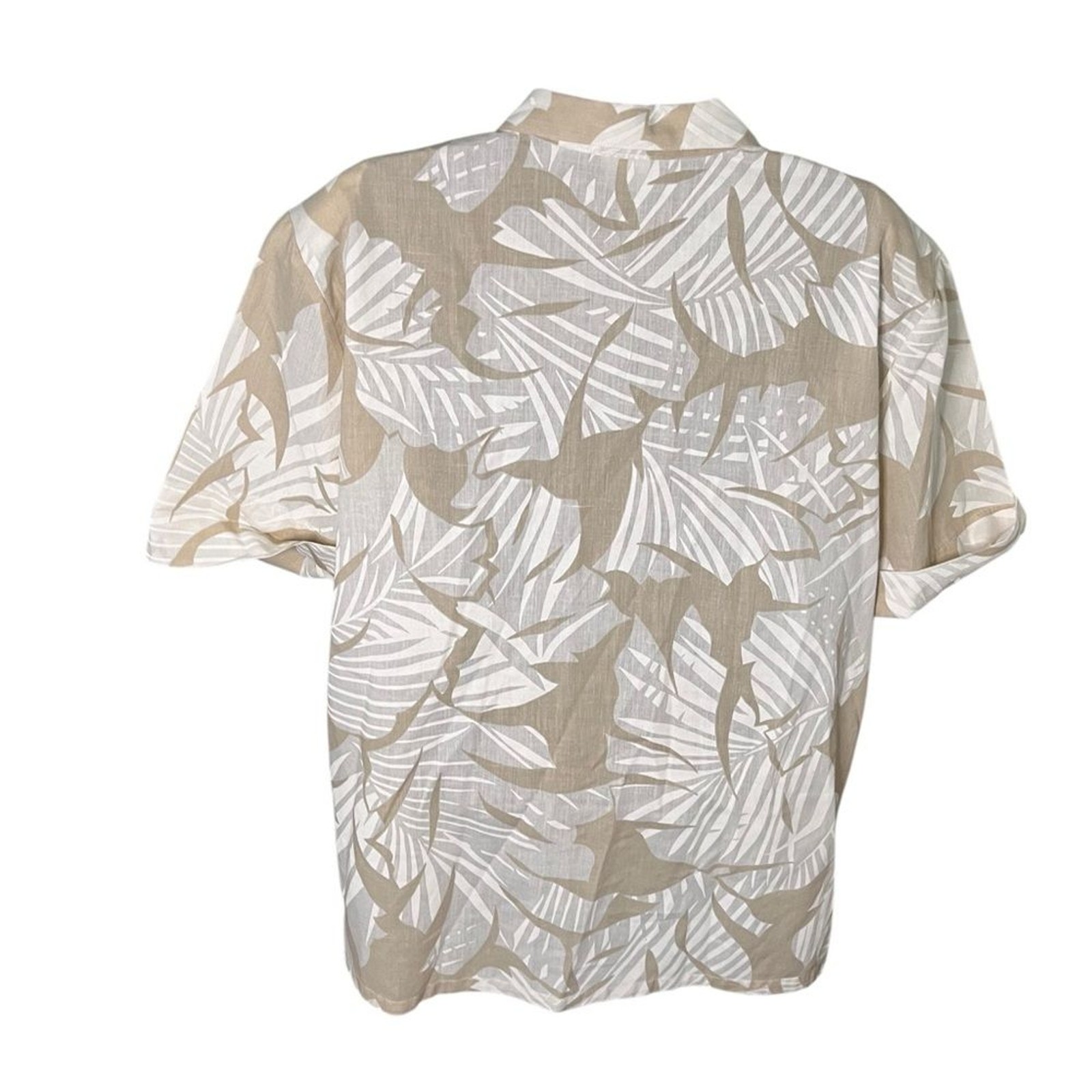 Vintage 80s Judy Bond Tropical Button Up Blouse Padded Shoulders Beige White 18