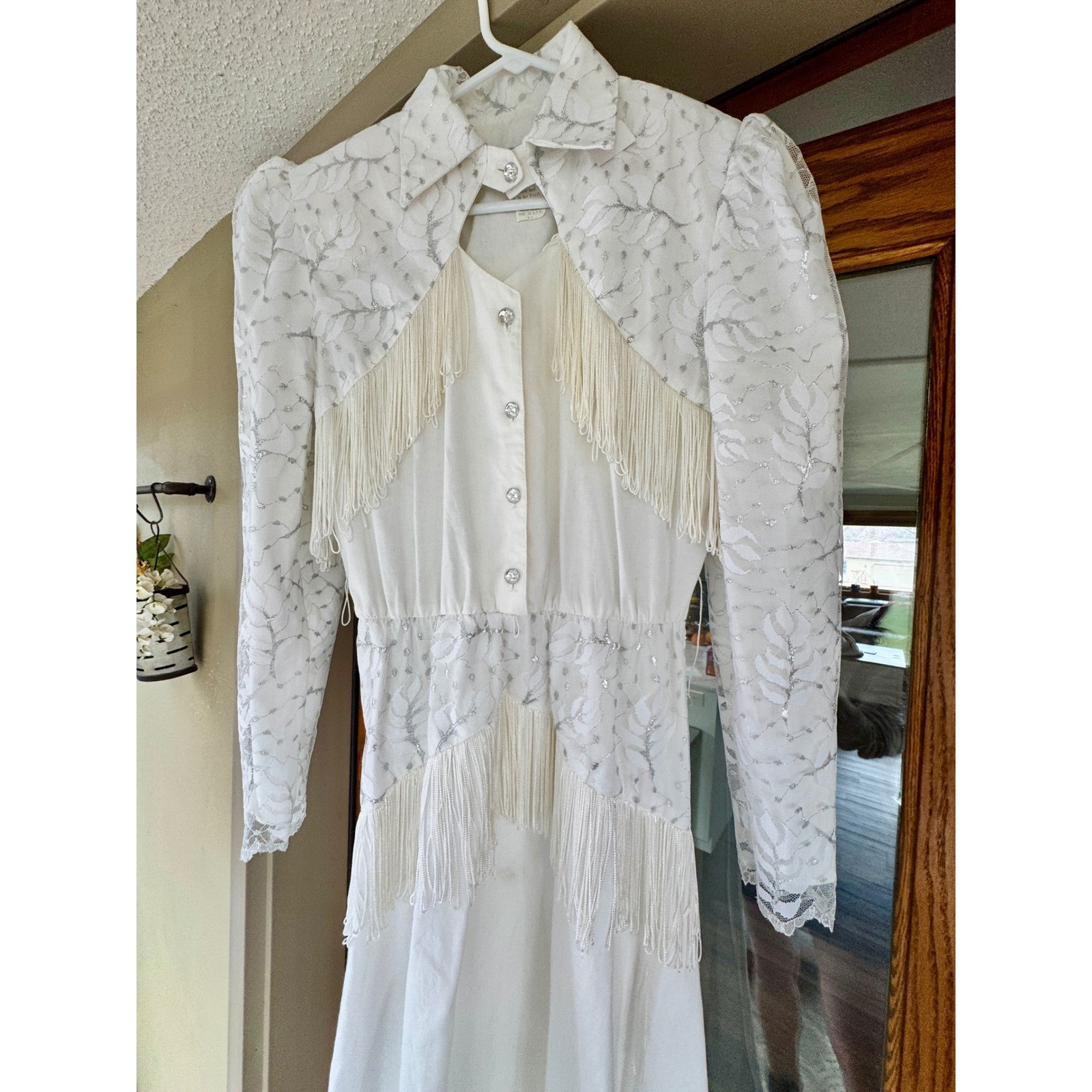 VINTAGE 80s Lilia Smitty Rodeo Fringe Dress White Ivory Western Size 5 – 6