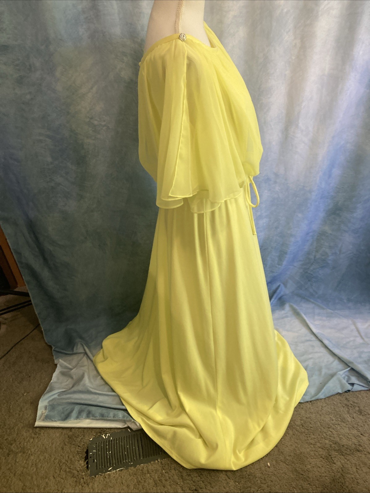 Vtg 70s Grecian Disco Maxi Dress Neon Yellow Chartreuse Chiffon Overlay Gown XS