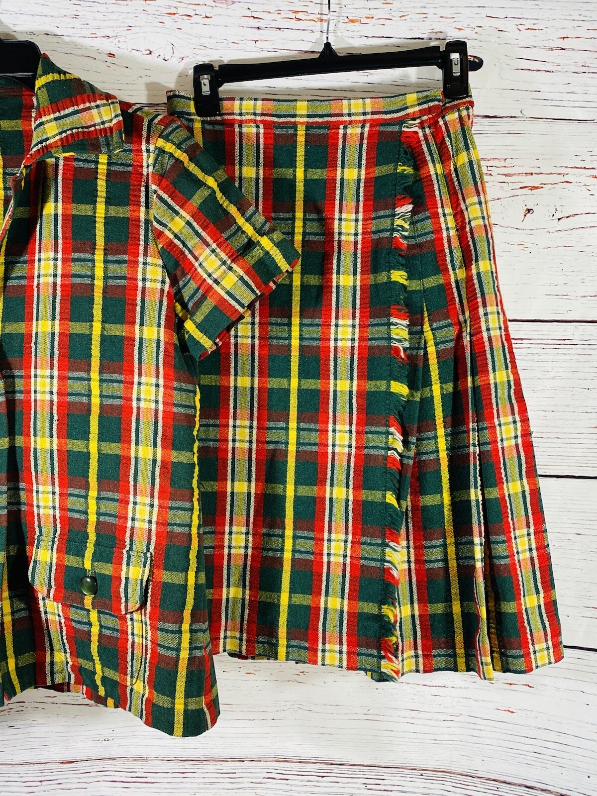 Vintage Plaid Jacket Skirt Set Handmade 1960s or 1970s Retro Green Red Yellow