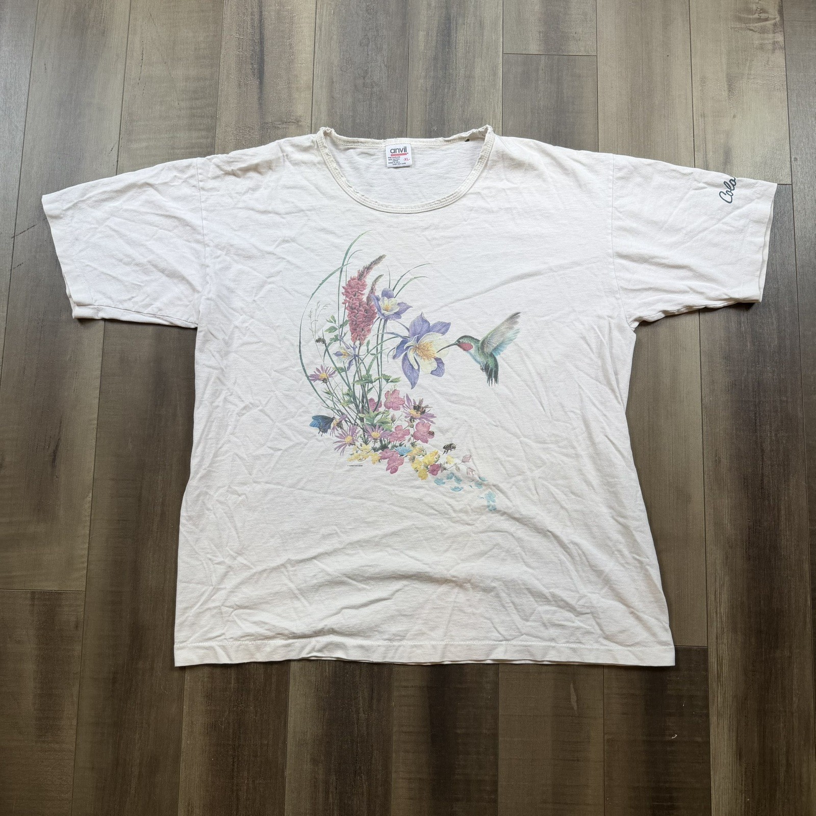 Vintage Anvil Habitat Sunflower Hummingbird Graphic T-Shirt Women XL Made in USA