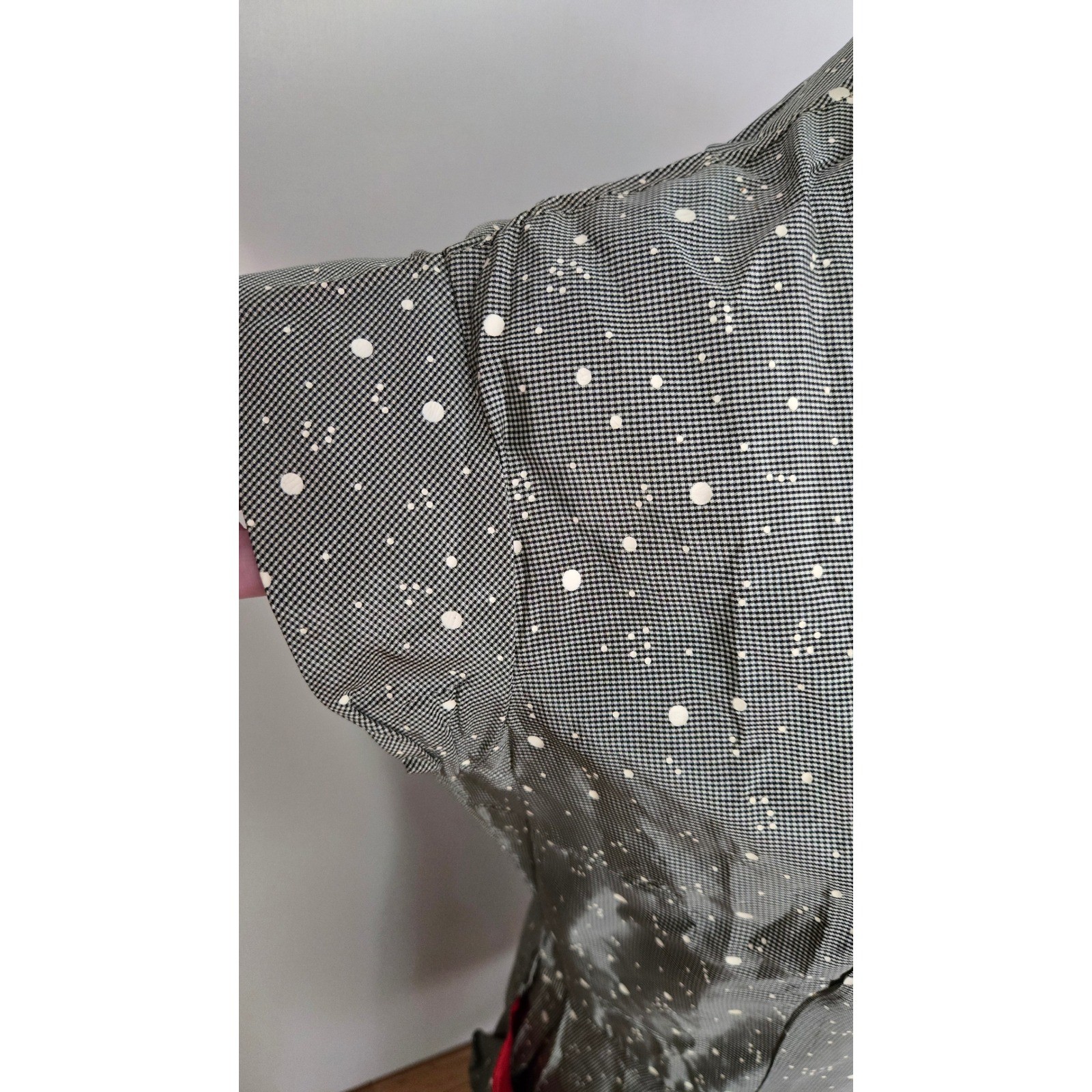 Vintage 50s Grey Atomic Splatter Dot Cotton Dress Red Lined Pockets Rockabilly