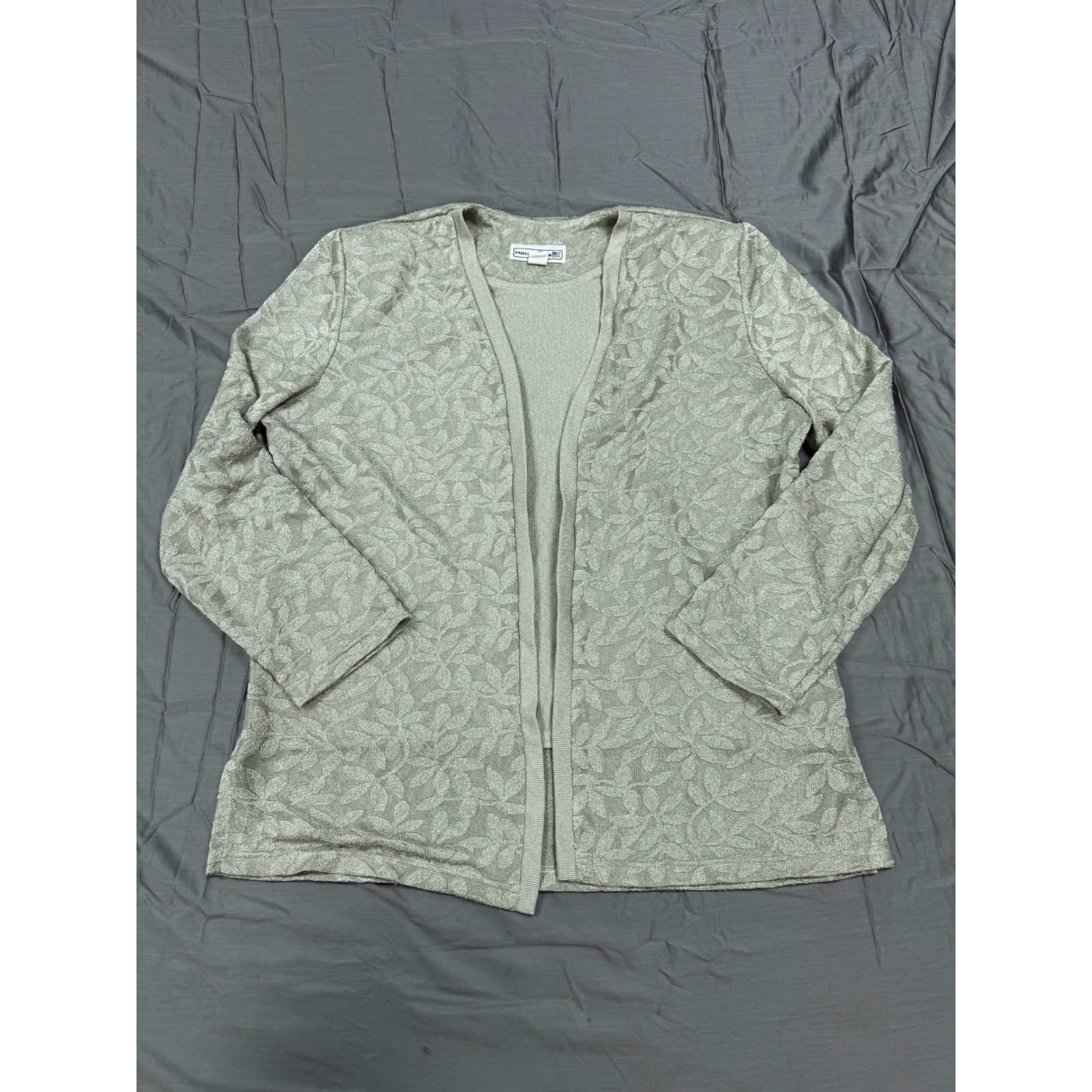 Vintage 90s Pablo Collection Gold Metallic Leaf Knit Cardigan Shell Set Size 18
