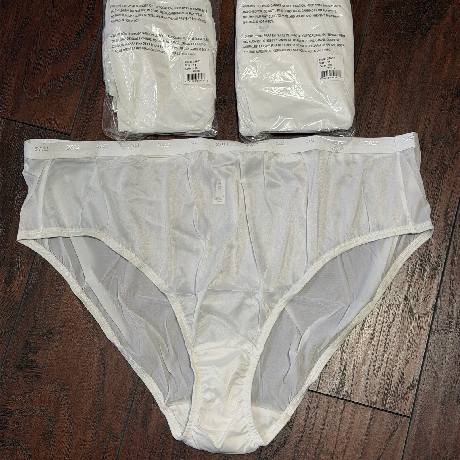 3 Pair Vintage Bali 24602 White Nylon Satin High Cut Bikini Brief Panties Sz 14