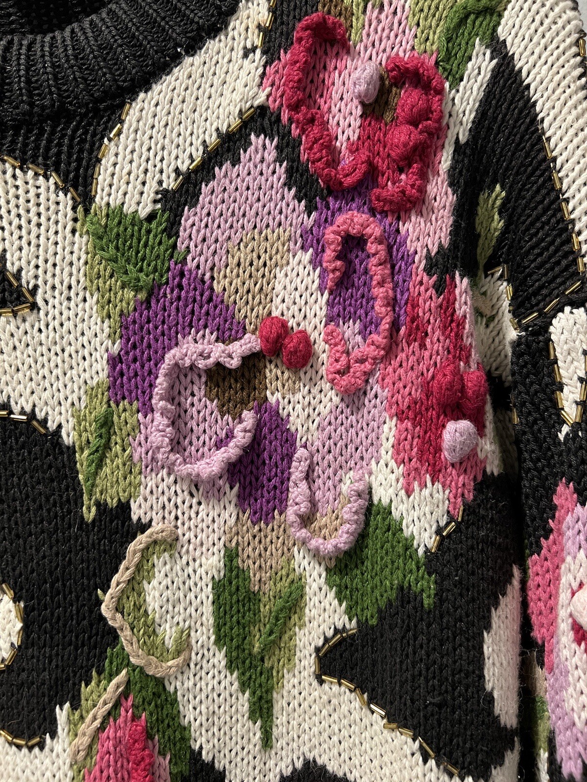 Vintage Cullinane 90&rsquo;s Oversized Knit Black / White Flowers 🌸Sweater Sz Medium