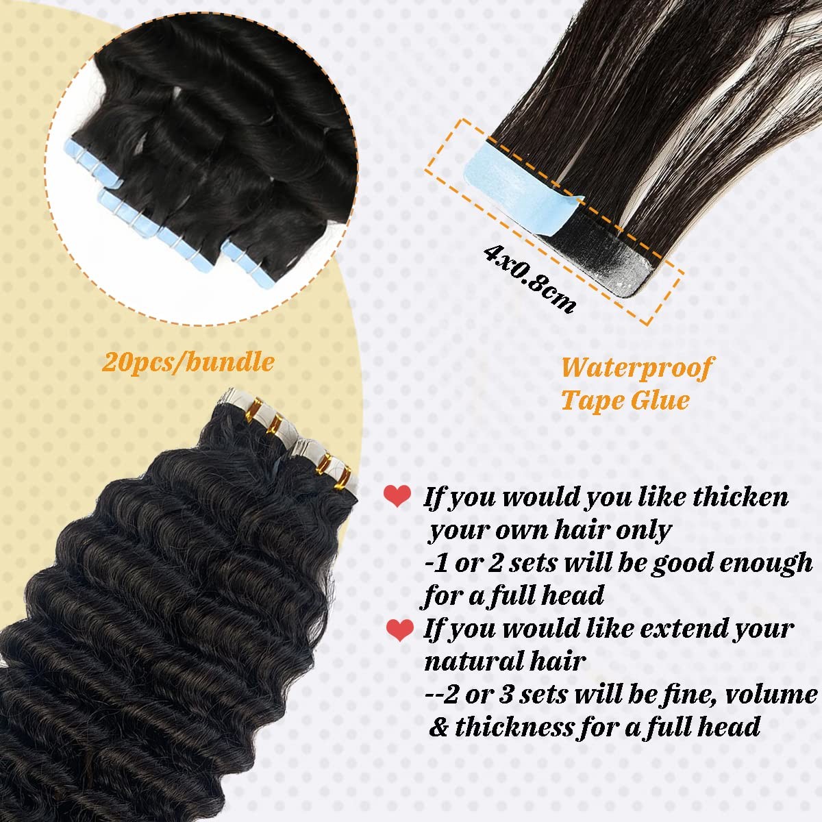 Deep Wave Tape-in Human Hair Extensions Remy Curly Skin Weft Brazilian