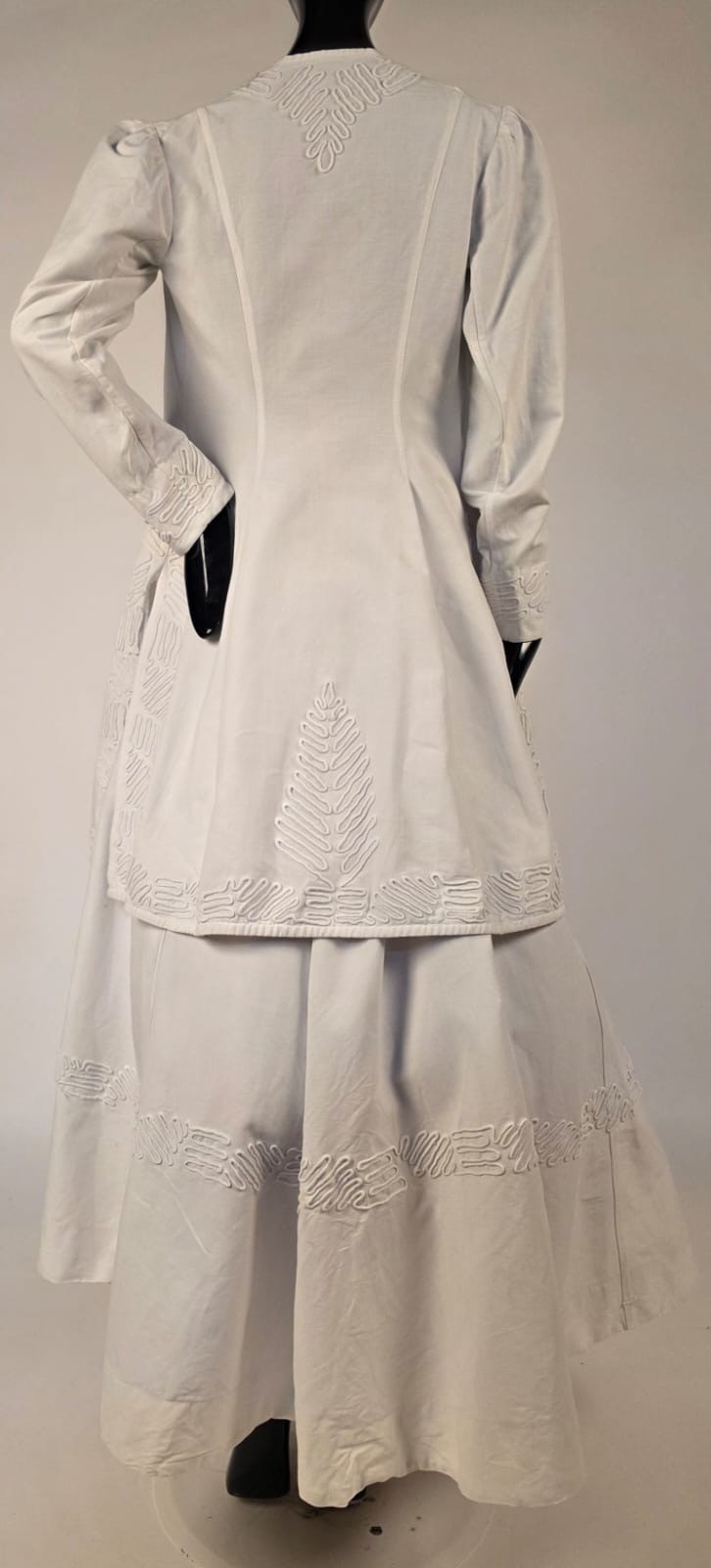 ANTIQUE EDWARDIAN 2 PC WHITE WALKING SUIT W SOUTACHE DETAILING