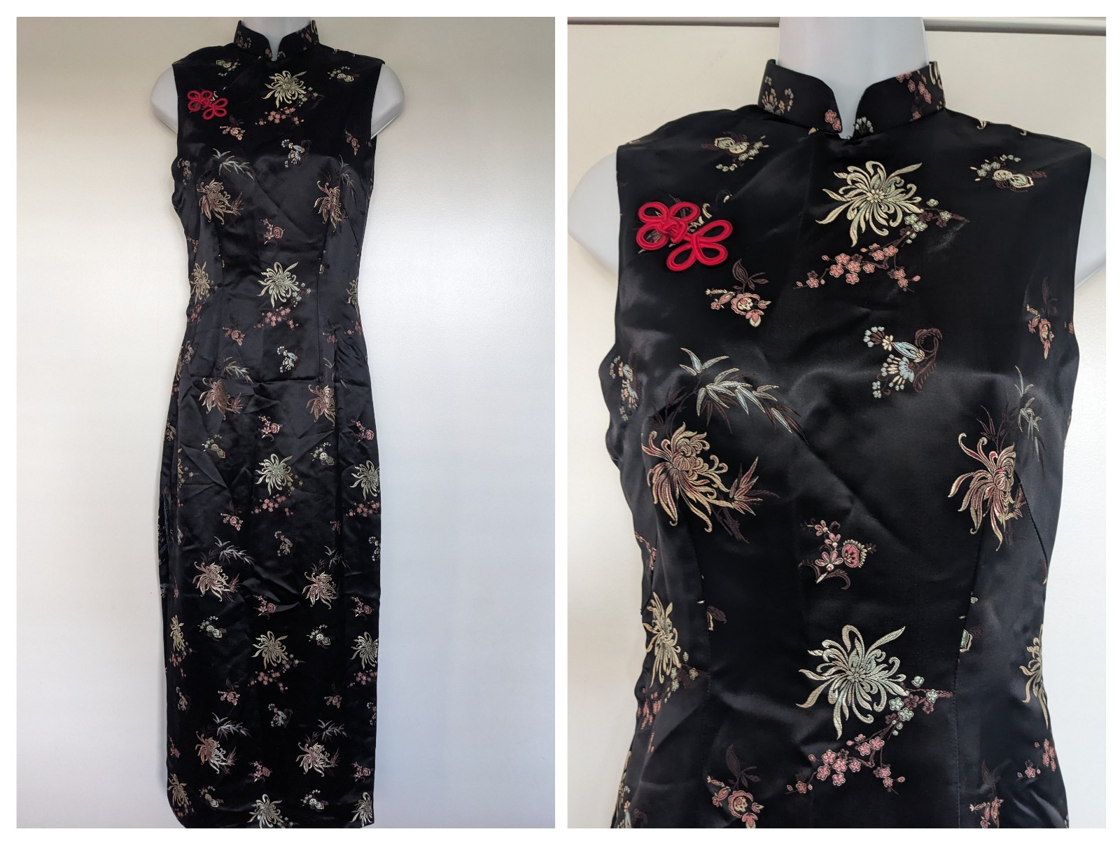 Vintage Cheongsam Dress Black Satin Asian Chinese Brocade Qipao sleeveless