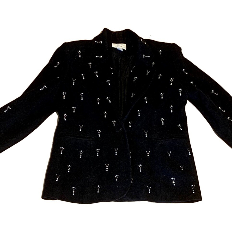 VINTAGE 1980&rsquo;S FOCUS 2000 BLACK WOOL & CASHMERE BLEND BEADED BLAZER SIZE 12