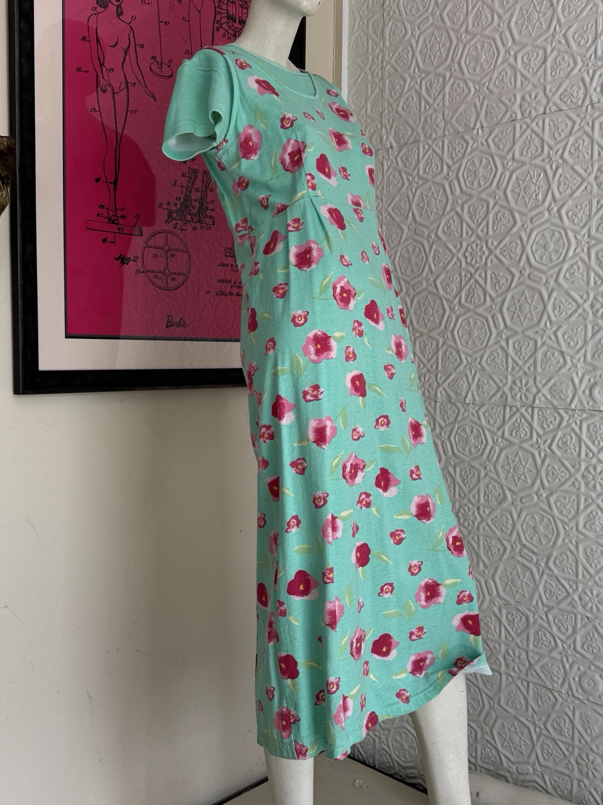 Vintage 1990s Dress Set-Knit-Floral-Spring-Cottage Green Pink-T Shirt-Tank-M