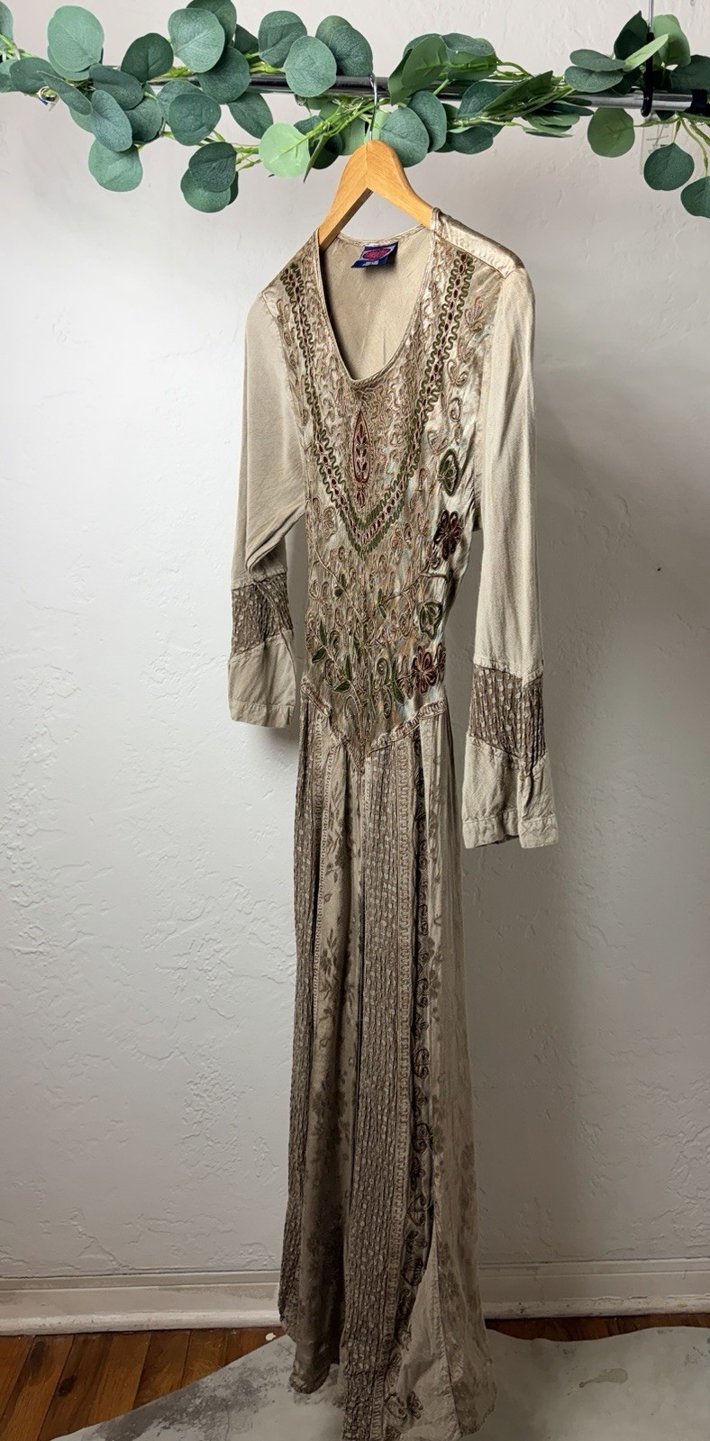 Vintage Indian Embroidered Rayon Maxi Dress Boho Cottagecore Belted Free Size