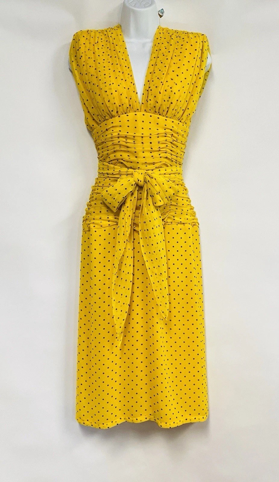 WAYNE CLARK Vtg 80s Yellow Brown Polka Dot Chiffon Draped Dress Floaty Scarf W30
