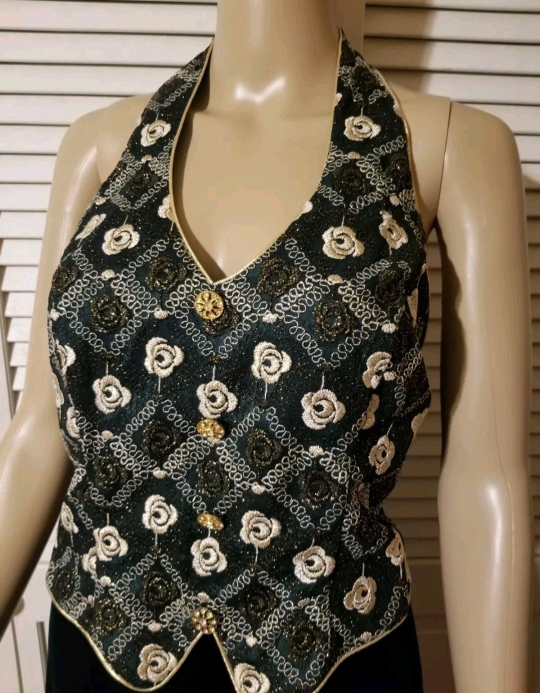 Vintage Aspeed Size Medium Formal Dress Green Velvet Gold Embroidered Sleeveless