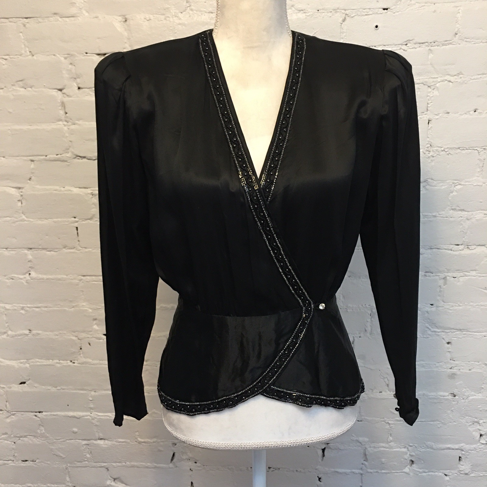 Bellino Paris Mode vtg 80s silk peplum top beaded v-neck black s party cocktails
