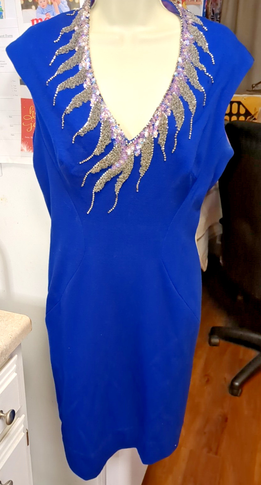 Sydney North designed, Hollywood Glamour, Striking V-neck blue party dress