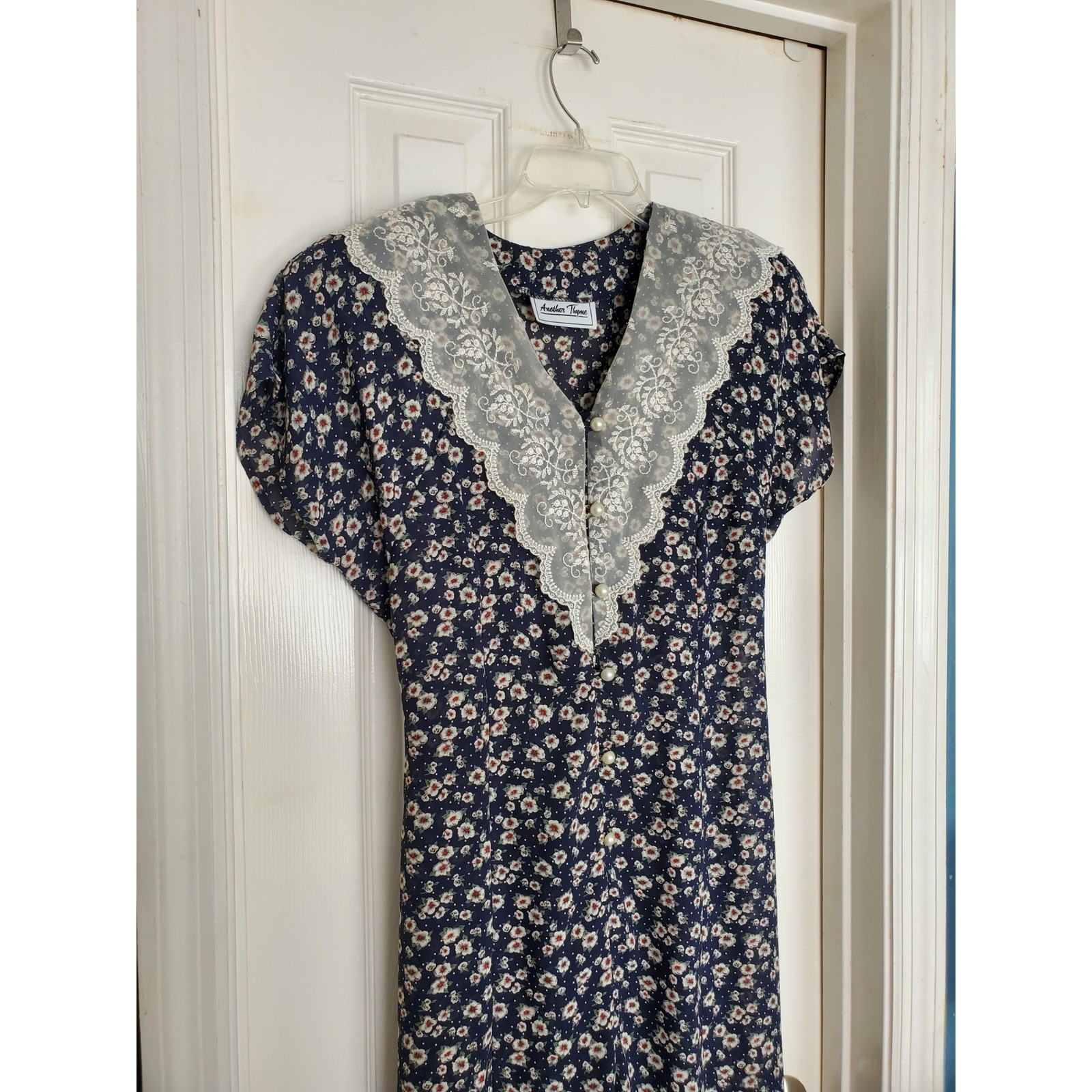 Vintage Prairie Dress Blue Floral Lace Collar Cottagecore Pearl Button 12