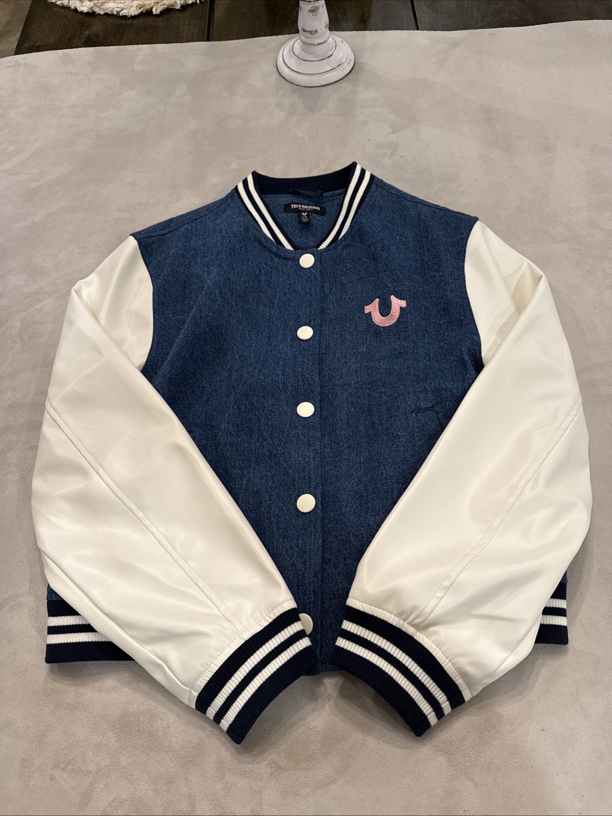 TRUE RELIGION DENIM White VARSITY JACKET Womens Size Large Blue/White