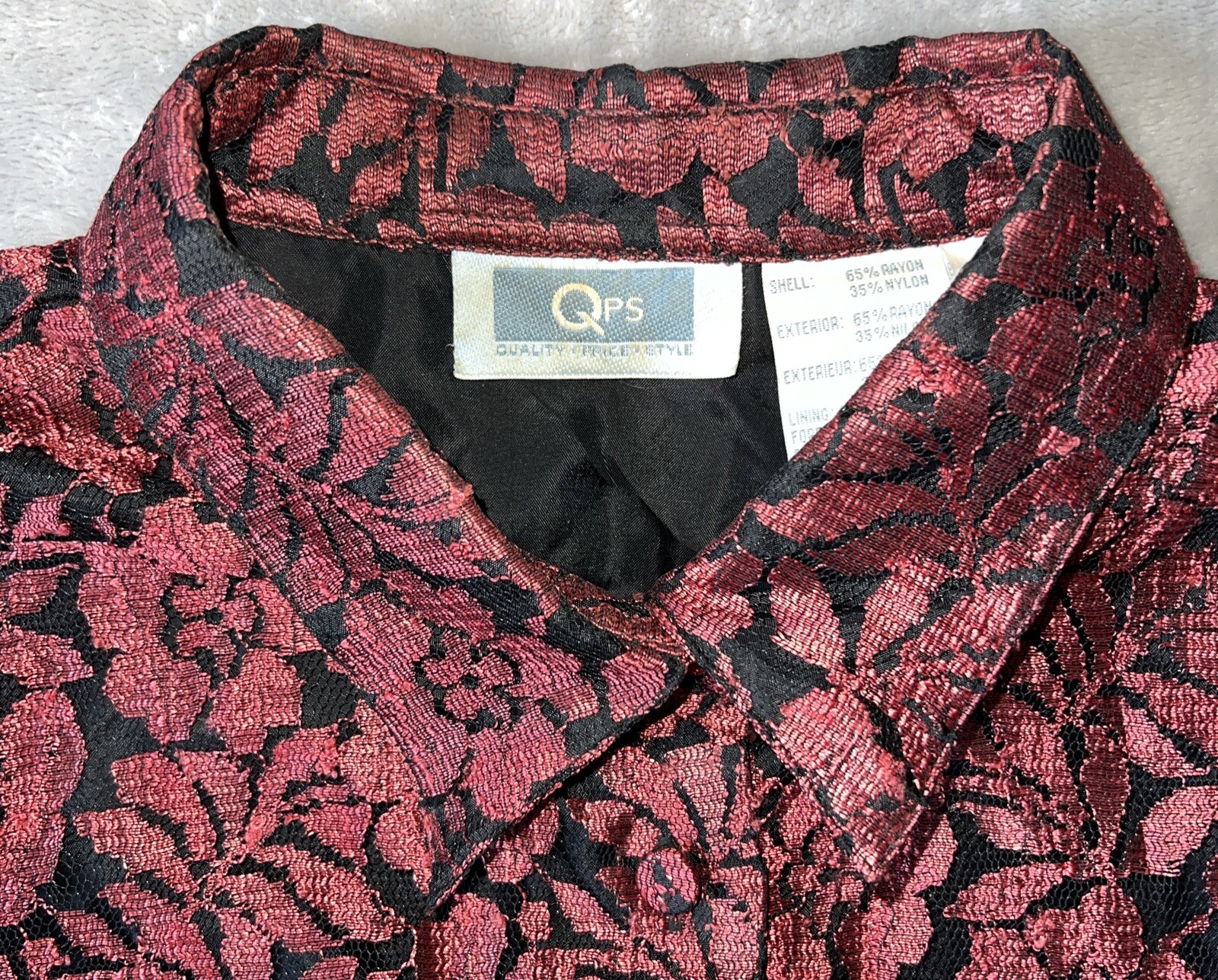 Vintage 70s QPS Womens L Blouse Button Up Rayon Floral & Nylon Mesh Black Lining
