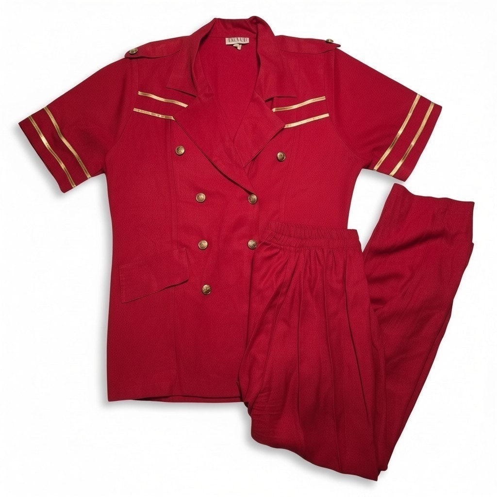 Vtg 80s 90s Dolce Red Uniform Pantsuit Set Military Stewardess Gold Button