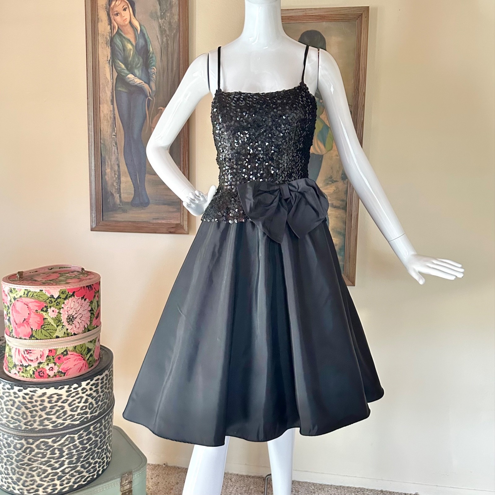 Vintage 1980s Goth Black Sequin Taffeta Party Prom Dress Fit Flare 50s Style M/L